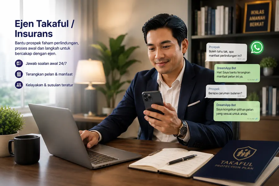 Visual ejen takaful atau insurans menggunakan aliran WhatsApp Bot